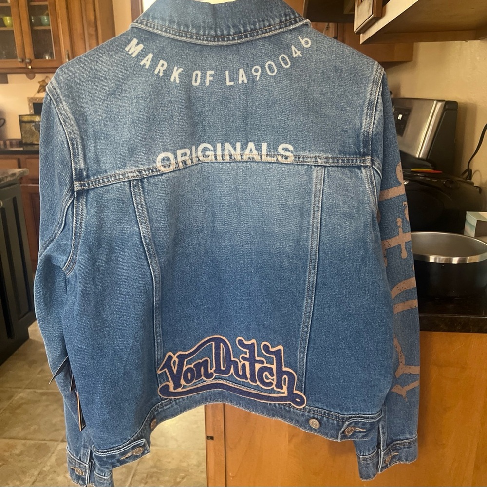 Von Dutch size s Blue Denim Jacket with Embroidered Wing and Logo Patches - Picture 6 of 7